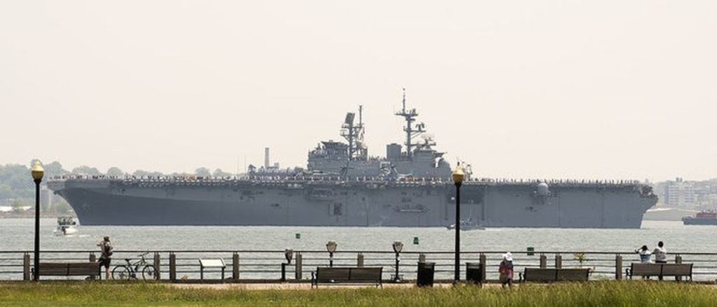 View of a large navy ship on the hudson during fleet week