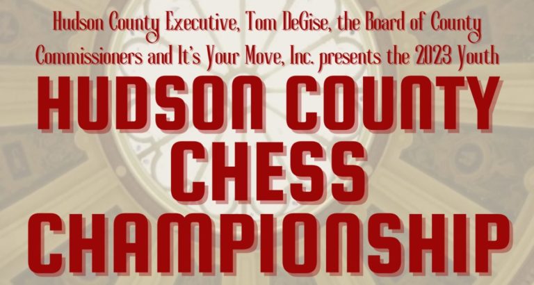 Hudson county Chess Championship flyer; Saturday, April 29th, 2023, 10AM to 4PM; The Historical Brennan Courthouse Rotunda 583 Newark Ave, Jersey City